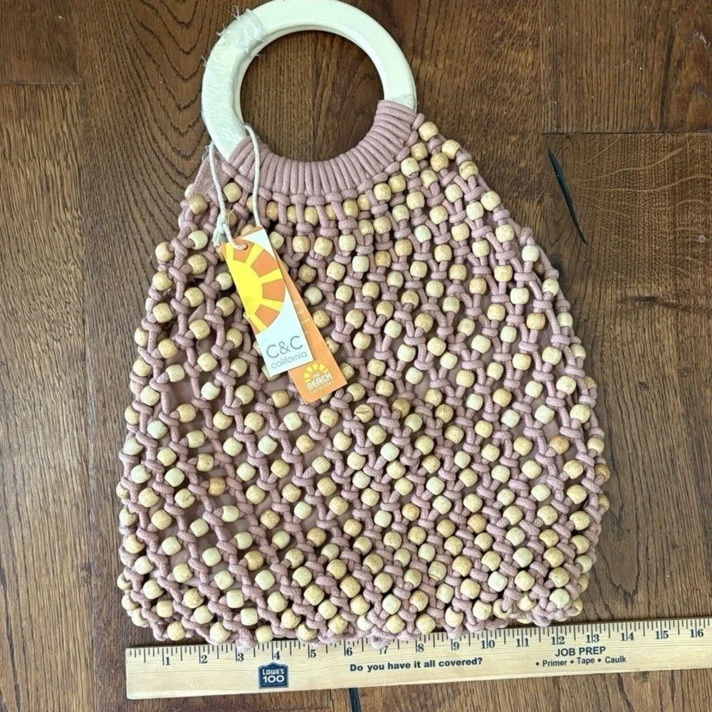 NWT C&C California‎ Macrame Purse Beaded Wooden Handle Boho Retro Bag